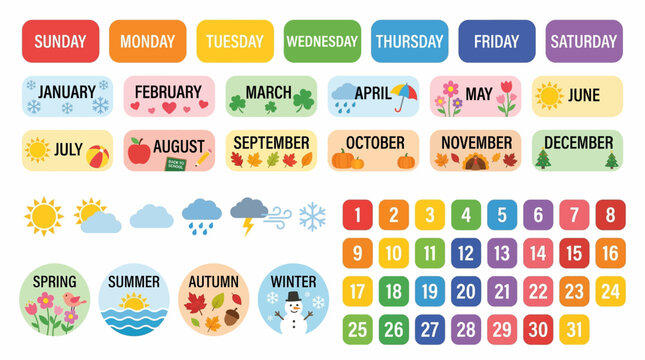 Vibrant Preschool Learning Flashcards Set Flat Vector Calendar, Weather, Days, and Months for Early Education and Classroom Resources