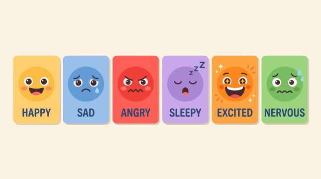 Vibrant flat vector emotion flashcards designed for preschool education, teaching young children about diverse feelings and emotional intelligence development