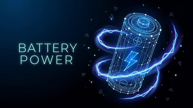 Konsep Energi Baterai Digital dengan Kilatan Listrik Biru Menyinari Latar Belakang Gelap