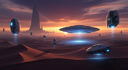 Obraz premium Futuristic alien spacecraft hovering over a desert landscape at sunset.