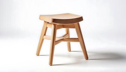 Fototapeta premium A wooden stool with a triangular seat and four legs is displayed on a white surface in a well-lit room with a slight shadow.