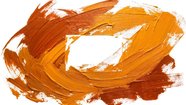 Thick impasto oil paint strokes in warm orange and brown hues, isolated on transparent background