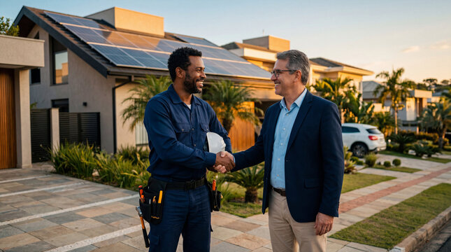 Solar installer shaking hands with homeowner