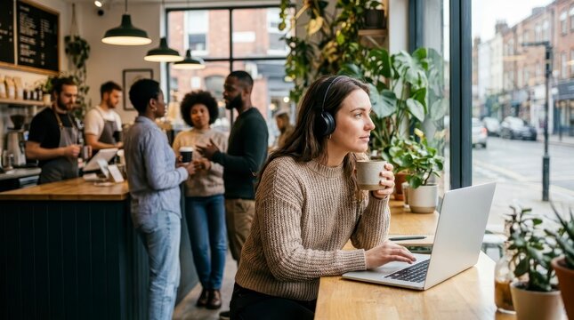 Woman working on laptop in cafe wearing headphones
