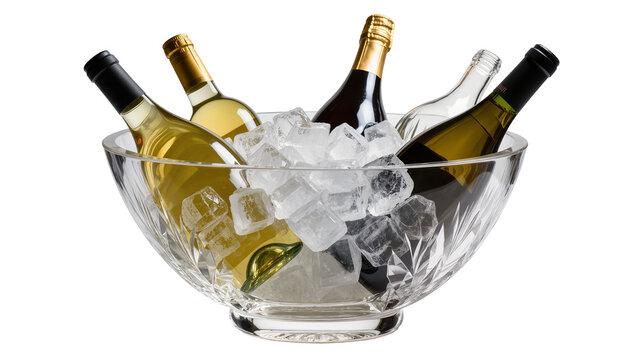 Assorted wine bottles chilling in crystal ice bucket, isolated on transparent background