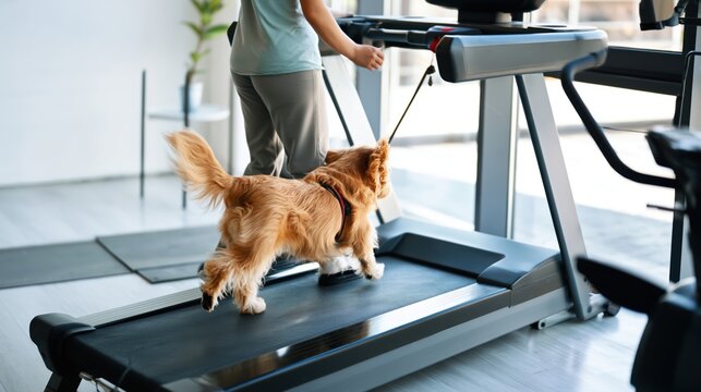 Dog walking on treadmill in veterinary rehabilitation clinic