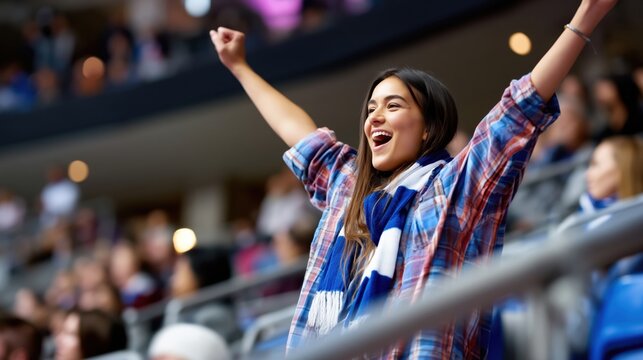 Cheering sports fan celebrating in stadium crowd at night