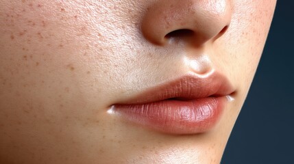 Obraz premium Close-up view of a face featuring freckles and scars under soft natural light at an indoor setting with high detail and focus
