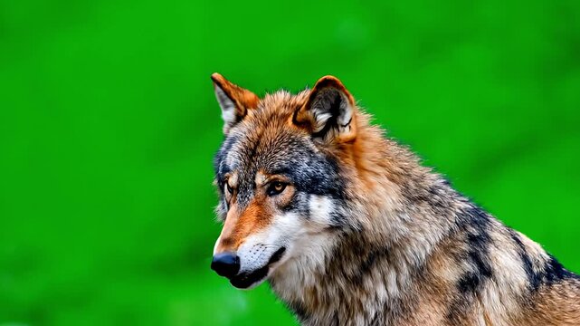 Close-up of a wolf's head with a bright green background.