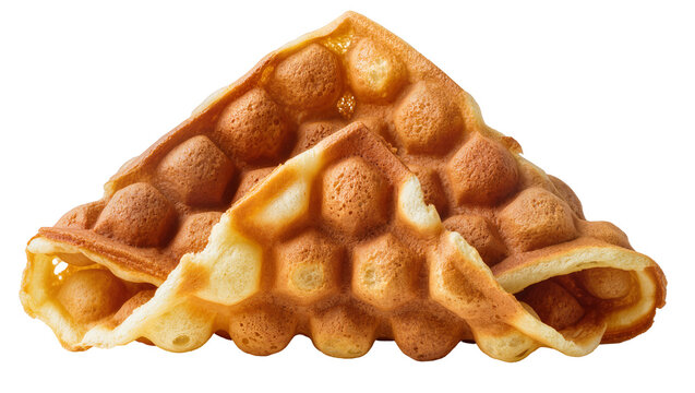 Golden brown bubble waffles folded into a triangle shape, isolated on transparent background