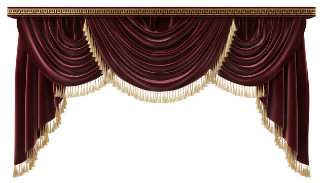 Burgundy velvet draped pelmet with gold Greek key trim and fringe, isolated on transparent background