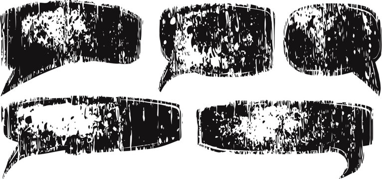 Grunge speech bubbles set, distressed blank dialogue boxes with rough texture and worn edges