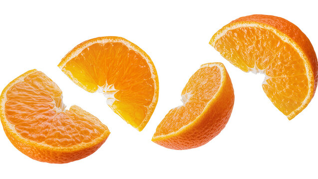 Four juicy orange slices some with peel, isolated on transparent background