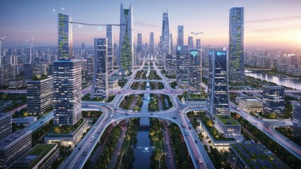 Obraz premium Modern cityscape aerial view with skyscrapers and infrastructure at sunrise