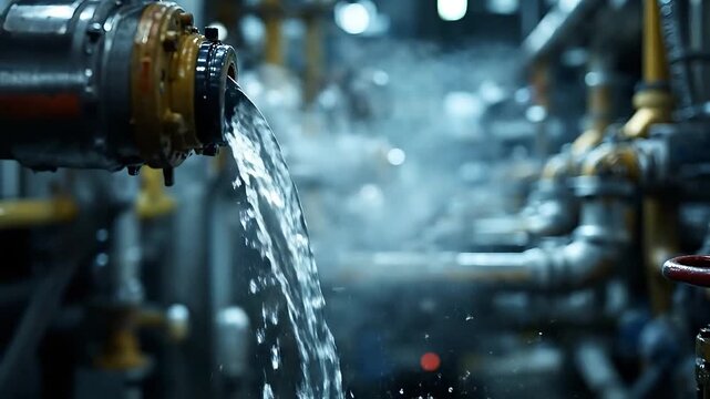 Water pours from an industrial pipe, steam rises in a factory.