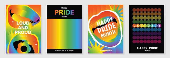 Plakat Pride Month poster set vector. Colorful LGBTQ+ social media template with rainbow hearts, hands, couple silhouette and love message for equality, diversity and human rights.