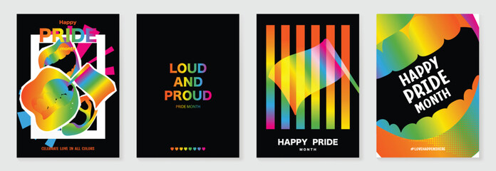 Plakat Pride Month poster set vector. Colorful LGBTQ+ social media template with rainbow hearts, hands, couple silhouette and love message for equality, diversity and human rights.