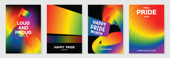 Plakat Pride Month poster set vector. Colorful LGBTQ+ social media template with rainbow hearts, hands, couple silhouette and love message for equality, diversity and human rights.