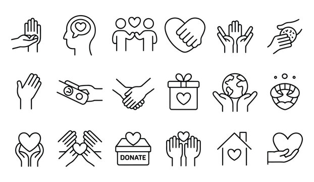 Charity line icon set Featuring Empathy, Donate, volunteer and helping symbols, editable stroke vector collection for nonprofit and community support design.