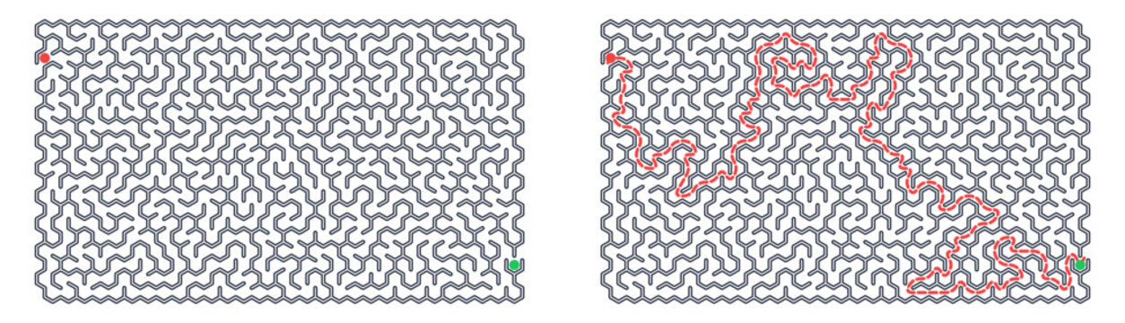 Honeycomb Labyrinth maze with marked path highlighted in red on white background  