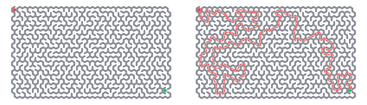 Honeycomb Maze design with paths illustrated in red and green colors  