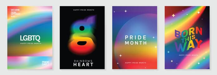 Obraz na płótnie Canvas Pride Month poster set vector. Colorful LGBTQ+ social media template with rainbow hearts, hands, couple silhouette and love message for equality, diversity and human rights.