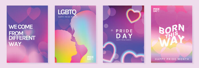 Plakat Pride Month poster set vector. Colorful LGBTQ+ social media template with rainbow hearts, hands, couple silhouette and love message for equality, diversity and human rights.