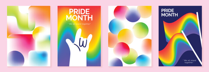 Plakat Pride Month poster set vector. Colorful LGBTQ+ social media template with rainbow hearts, hands, couple silhouette and love message for equality, diversity and human rights.