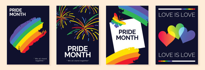 Obraz na płótnie Canvas Pride Month poster set vector. Colorful LGBTQ+ social media template with rainbow hearts, hands, couple silhouette and love message for equality, diversity and human rights.