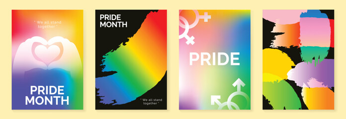 Obraz na płótnie Canvas Pride Month poster set vector. Colorful LGBTQ+ social media template with rainbow hearts, hands, couple silhouette and love message for equality, diversity and human rights.