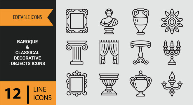 Baroque classical decorative objects outline icons set for ornate vintage interior styling elements