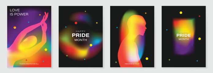 Obraz na płótnie Canvas Pride Month poster set vector. Colorful LGBTQ+ social media template with rainbow hearts, hands, couple silhouette and love message for equality, diversity and human rights.