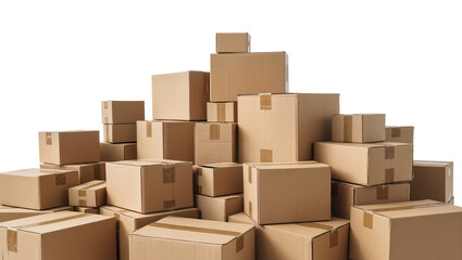Stack of cardboard shipping boxes various sizes, isolated on transparent background © Elena