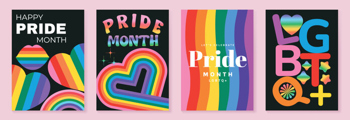 Plakat Pride Month poster set vector. Colorful LGBTQ+ social media template with rainbow hearts, hands, couple silhouette and love message for equality, diversity and human rights.