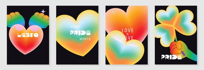 Fototapeta na wymiar Pride Month poster set vector. Colorful LGBTQ+ social media template with rainbow hearts, hands, couple silhouette and love message for equality, diversity and human rights.