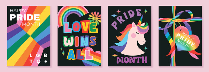 Obraz na płótnie Canvas Pride Month poster set vector. Colorful LGBTQ+ social media template with rainbow hearts, hands, couple silhouette and love message for equality, diversity and human rights.