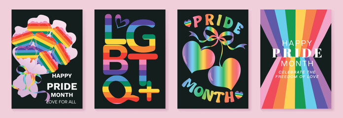 Plakat Pride Month poster set vector. Colorful LGBTQ+ social media template with rainbow hearts, hands, couple silhouette and love message for equality, diversity and human rights.