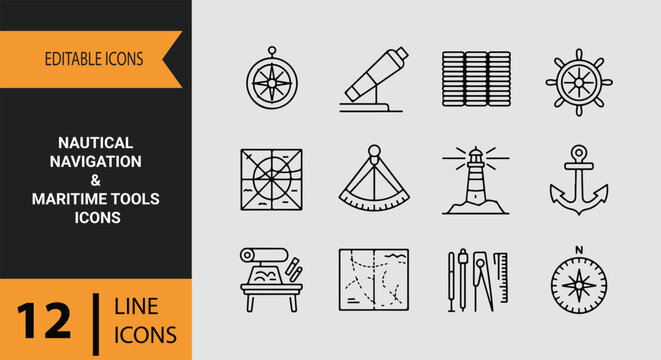 Nautical navigation maritime tools outline icons set for sea sailing compass ship equipment concept