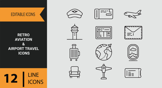 Retro aviation airport travel outline icons set for vintage flight airplane transport journey theme
