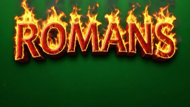 The word Romans engulfed in flames with a green background.