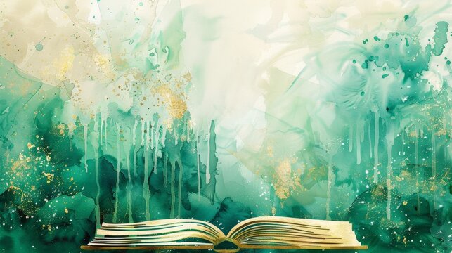 Open book rests on artistic green and gold watercolor background. Abstract splashes cascade like magic or wisdom flowing. Soft, dreamlike tones evoke creativity, learning, or fantasy themes
