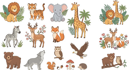 Obraz premium Cute Cartoon Forest Animals Set Featuring Lion Tiger Elephant Giraffe Zebra Deer Wolf Bear Owl Fox