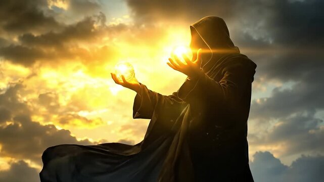A cloaked figure holds glowing orbs against a dramatic sunset sky.