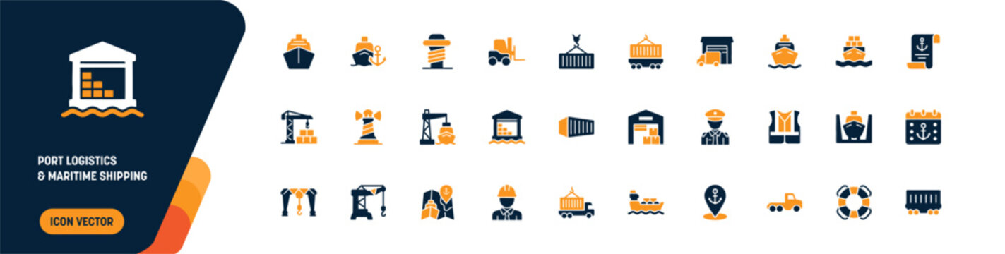 Port Logistics and Maritime Shipping Icon Set.  cargo ship, lighthouse, harbor crane, container, forklift, lifebuoy and seaport warehouse. editable vector solid illustration