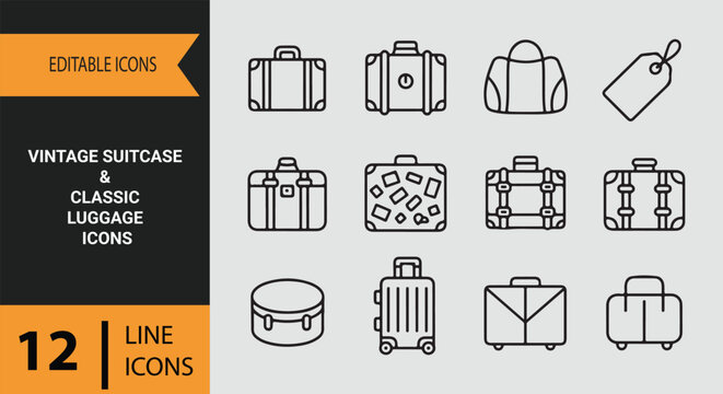 Vintage suitcase classic luggage outline icons set for retro travel baggage journey accessories