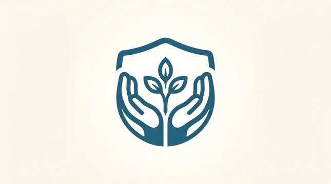 Flat vector icon illustration of a shield protecting a growing green plant cradled by two caring human hands