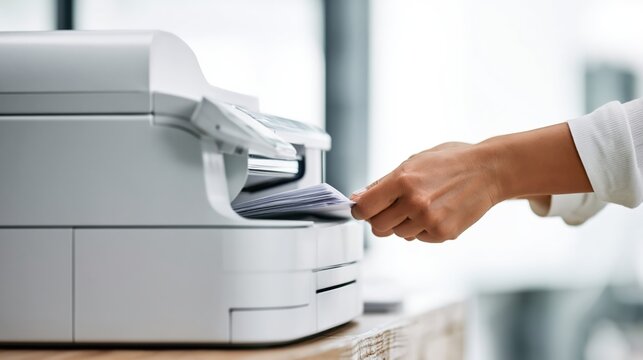 Printer paper jam removal in office with hand clearing paper
