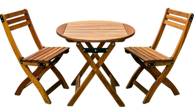 Wooden folding bistro table and chairs set, isolated on transparent background