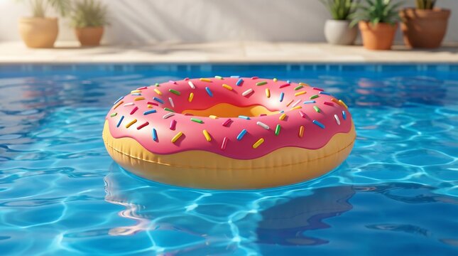 Pink donut inflatable pool float on blue water during sunny summer day