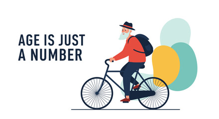 Fototapeta premium Active senior man with a long white beard and a backpack riding his bicycle past colorful abstract circular shapes.